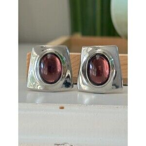 Vintage MODERNIST  Silver Tone Purple Glass Cabochon Clip on Earrings